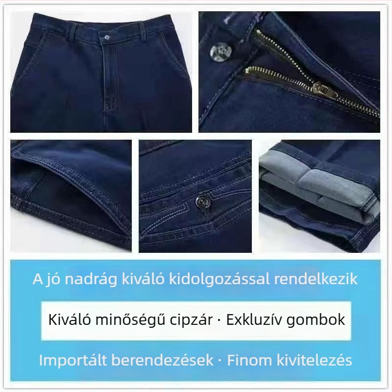 Középkorú és idősebb férfiak számára farmer nadrág, vastag egyenes szárú, magas derekú, tavaszra, őszre és télre, kényelmes