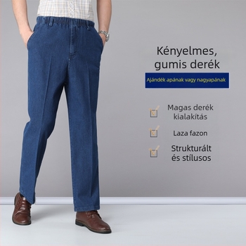Férfi pamut farmernadrág, magas derék, elasztikus derékvonal húzózsinóros záródással, laza egyenes szabás, több zseb, mindennapi viselet.