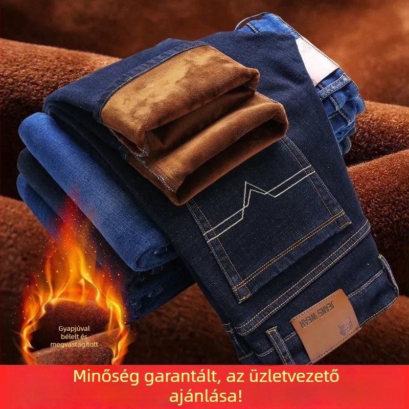 Férfi polár béléses vastag farmernadrág, szabad szabású, egyenes fazon, őszi-téli mindennapi viselet, elasztikus