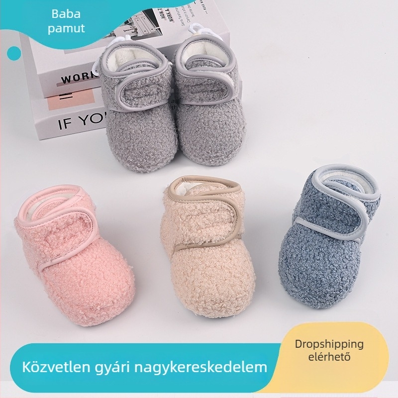 Baba járócipő Velcro-zárással, puha talpú, melegen bélelt téli csúszásmentes lábbeli, karikatúra mintával