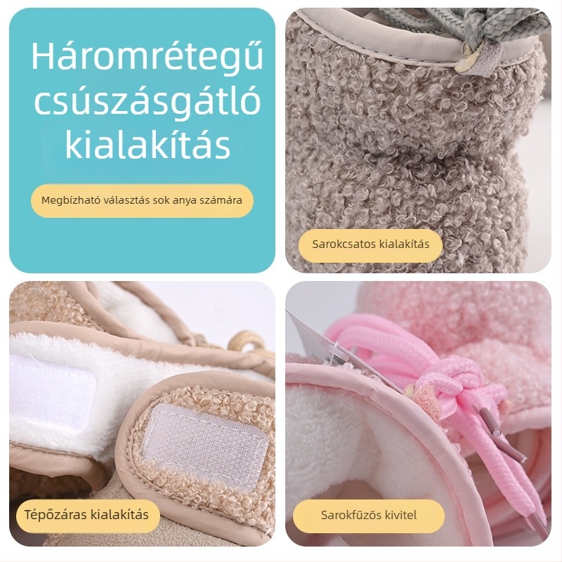 Baba járócipő Velcro-zárással, puha talpú, melegen bélelt téli csúszásmentes lábbeli, karikatúra mintával