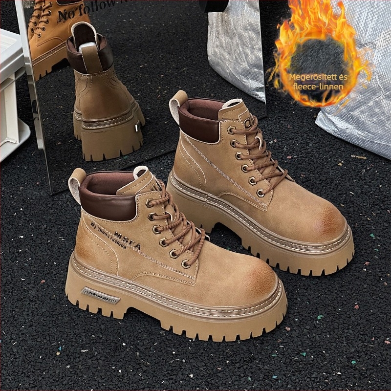 Női Martin csizmák valódi bőrből, középmagas szár, vastag gumitalp, 6–8 cm négyszögletes sarok, elülső fűzőzár