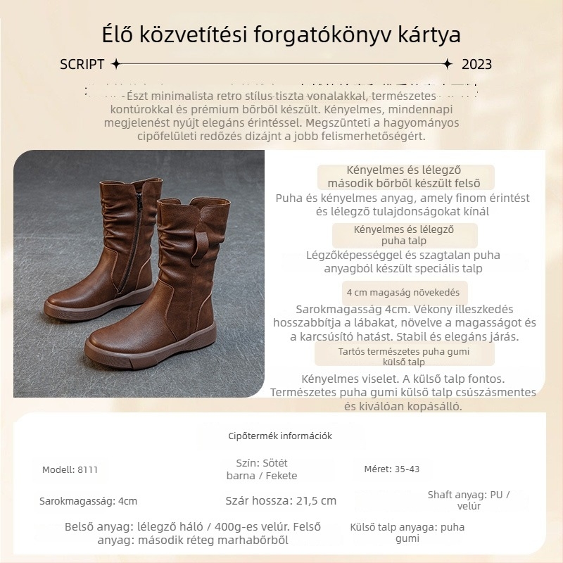 Bokacsizma valódi bőrből, európai–amerikai stílus, középmagas sarok 3-5 cm, gumitalp, oldalsó cipzár