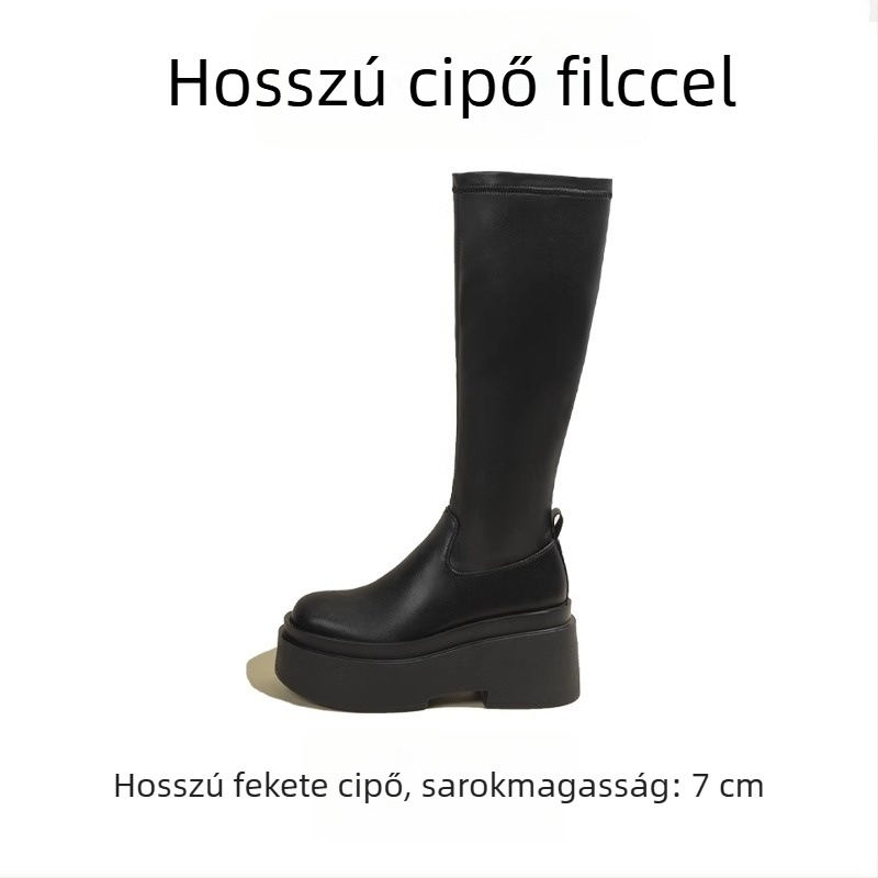 Női túl térdig érő csizma rugalmas fazon, vastag sarok, 6–8 cm sarokmagasság, PU talp, elöl fűzőzárás, vízálló