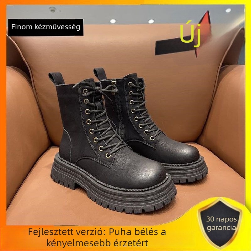 Női motorkerékpár csizma vastag talpú, brit stilus, két réteg marhabőrből készült felsőrész, fleece bélés, gumi talp, oldalsó cipzár, téli 2025