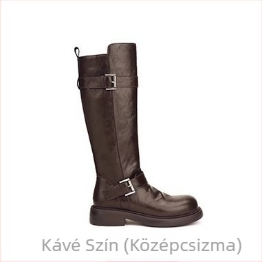 Női lovagcsizma, kerek orrú, 3–5 cm-es vastag sarok, split bőr felsőrész, gumi talp, elasztikus zárás, pamut bélés, téli viseletre
