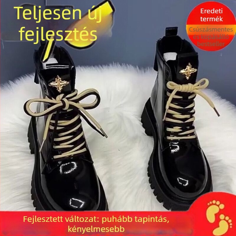 Női bokacsizma középmagas microfibier bőrből, belső fleece bélés, gumis talppal, elülső cipzárral és előre fűzőzéssel, csúszásmentes