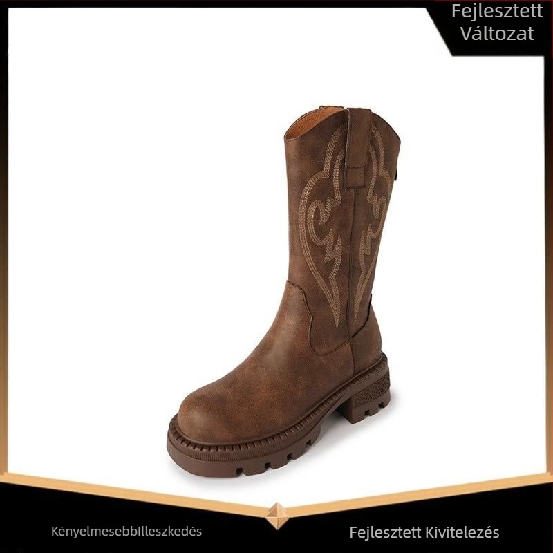 Vintage mikrofiber Western kauboj csizma vastag sarokkal, virágos mintával, hátul cipzárral