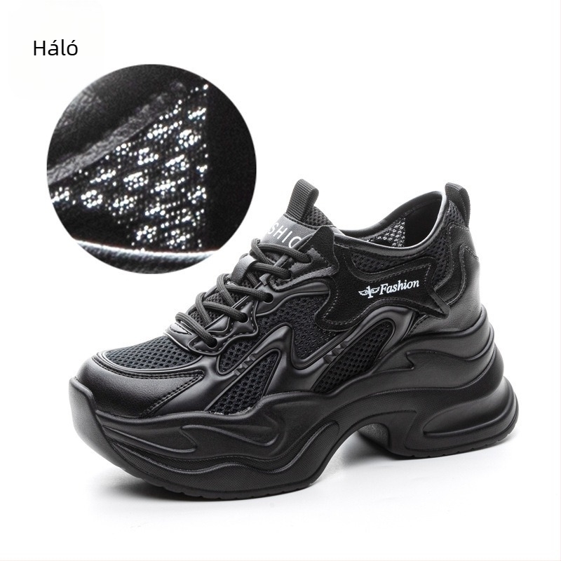 Női mindennapi stílusú dad sneakers puha bőr felső rész, hálós belső, alacsony felső rész, 6–8 cm platformos talp, PU talp