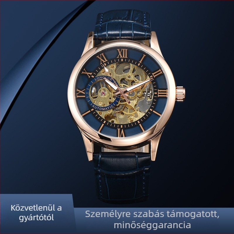 Férfi mechanikus karóra római számú számlappal, 41 mm, vízálló, műbőr szíj, fém tokkal, modell 8020LM