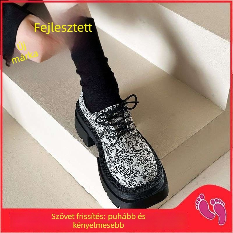 Női PU loafer koponya mintával, kerek orr, középmagas talp, vastag talpú, koreai stílusú csattal, tavaszi cipő