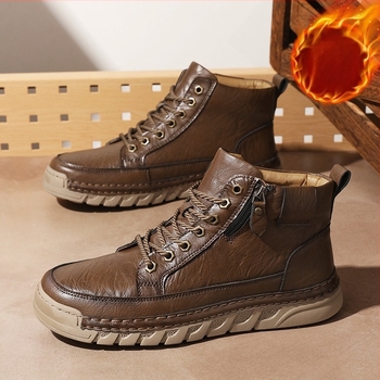 Téli munkacipő csúszásmentes talppal, meleg és kopásálló; gumi talp, PU bélés, oldalsó cipzár, kerek orr.