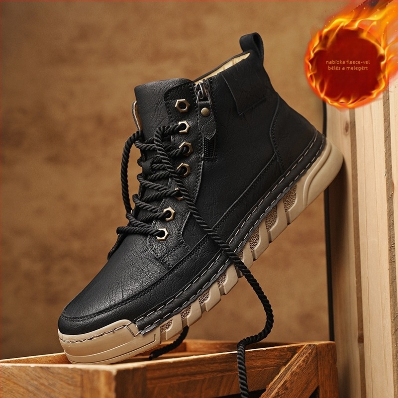 Téli munkacipő csúszásmentes talppal, meleg és kopásálló; gumi talp, PU bélés, oldalsó cipzár, kerek orr.