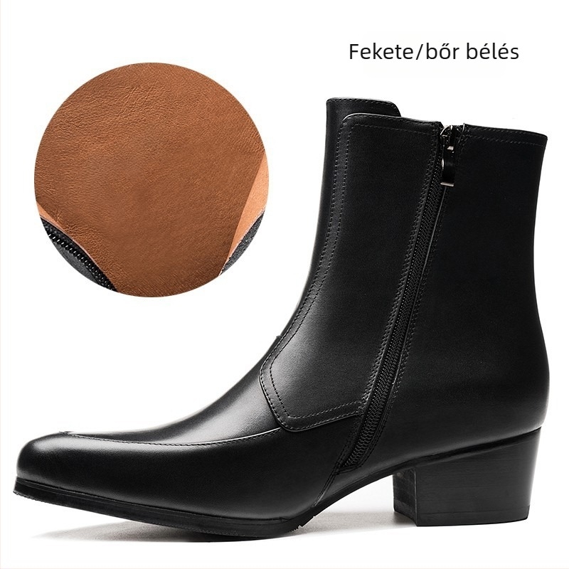 Férfi Chelsea csizma - bőr felső rész, hegyes orr, 3-5 cm sarok, oldalsó cipzár, gumi talp, téli viselet