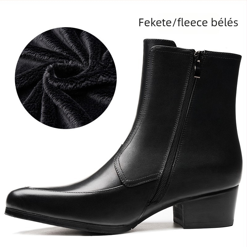Férfi Chelsea csizma - bőr felső rész, hegyes orr, 3-5 cm sarok, oldalsó cipzár, gumi talp, téli viselet