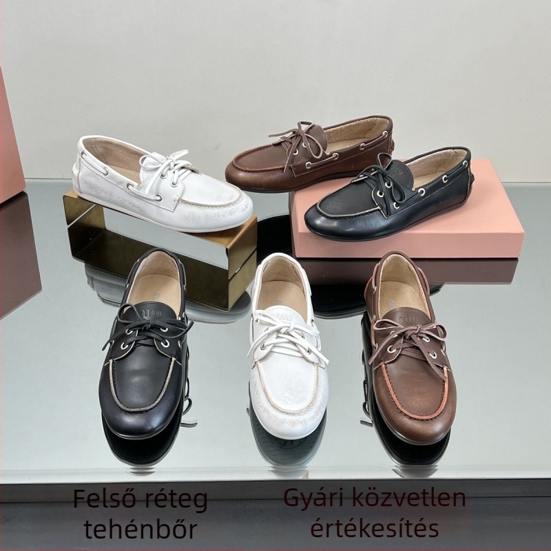 Női lapos cipő, kerek orrú, első réteg marhabőr felsőrész, gumírozott talp, slip-on