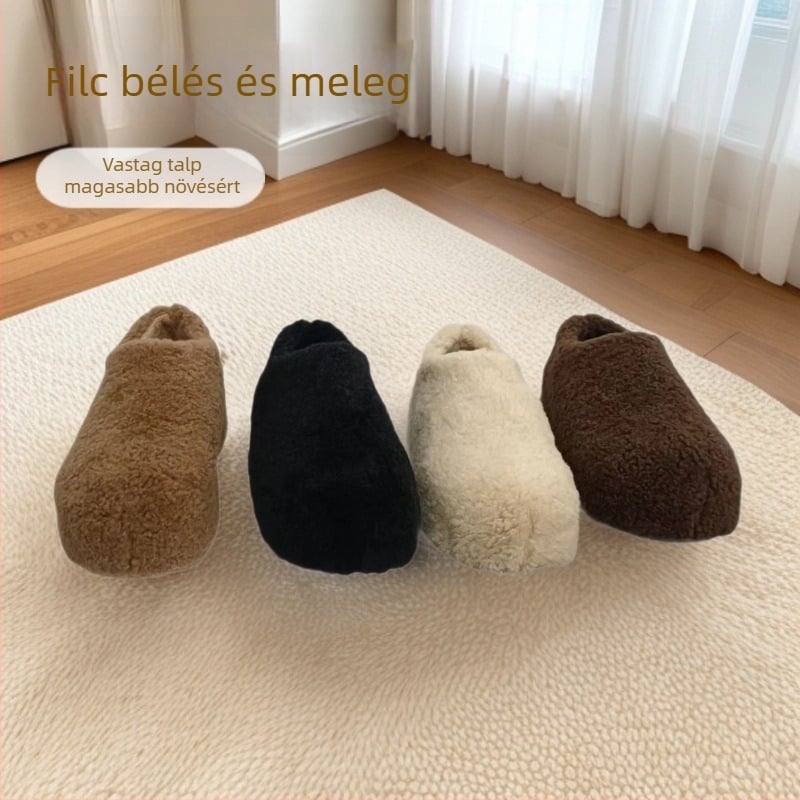 Téli női loafers mesterséges báránybőr felsőrésszel, belső plüss bélés, gumitalp, 6-8 cm magas sarok