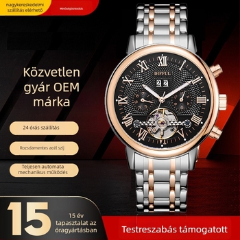 Difful Férfiaknak Szánt Automata Mechanikus Óra, Rozsdamentes acél szíj, Ötvözet tok, 30m vízálló, naptár, hét nap és hónap kijelző