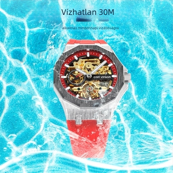 Férfi mechanikus óra világító skeletált számlappal, szilikon szíjjal, 30 m vízállósággal