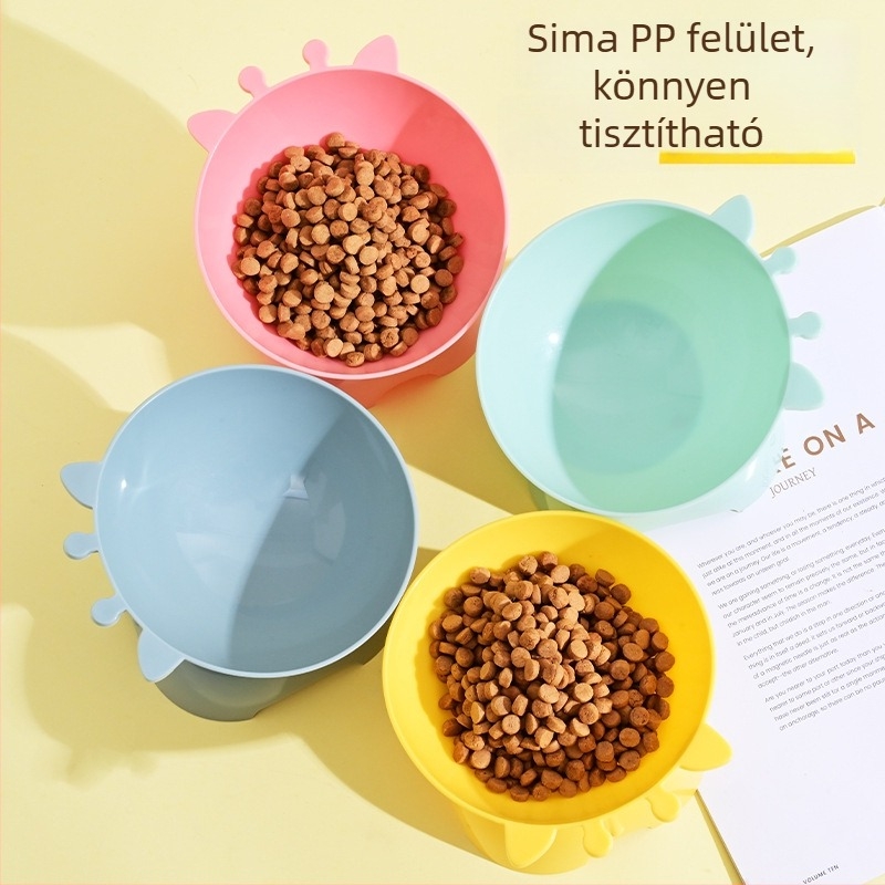 Új dopamin színű zsiráf-magasságú macskatál ferde peremmel és nyakvédővel, dőlés elleni etetőtál