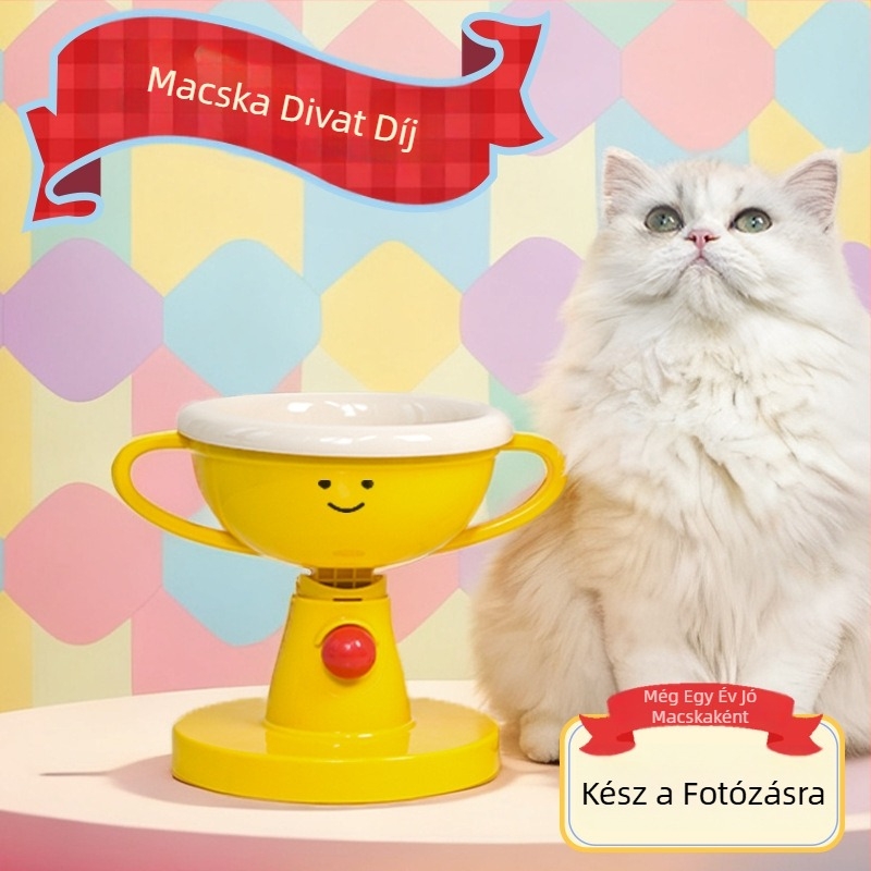 Macska trofej formájú tál étel tárolóval, kerámia és műanyag