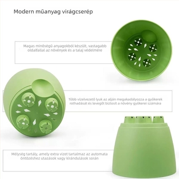 Virágcserép gyantából, gömbölyű forma, beltéri asztali használatra; lélegző, nem deformálódik könnyen, korrózióálló, önöntöző, víztakarékos