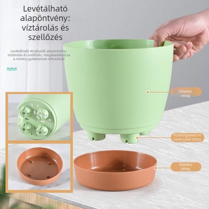 Virágcserép gyantából, gömbölyű forma, beltéri asztali használatra; lélegző, nem deformálódik könnyen, korrózióálló, önöntöző, víztakarékos