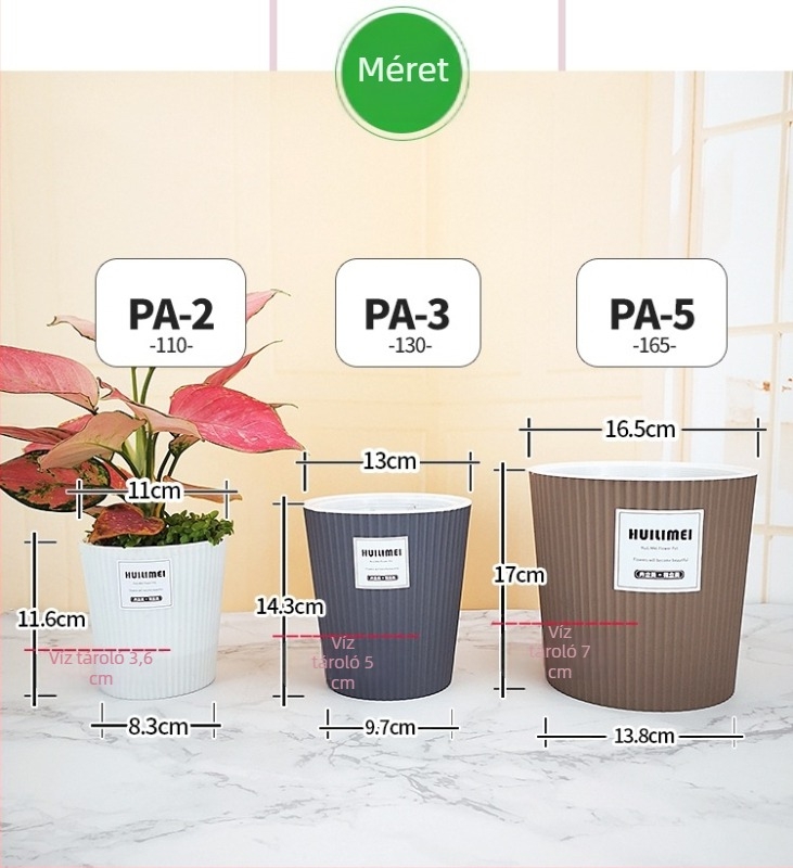 Hidroponikus virágtartó műanyagból automata nedvességfelvétellel; légáteresztő, strapabíró, vízmegtakarító; alkalmas asztalra és padlóra