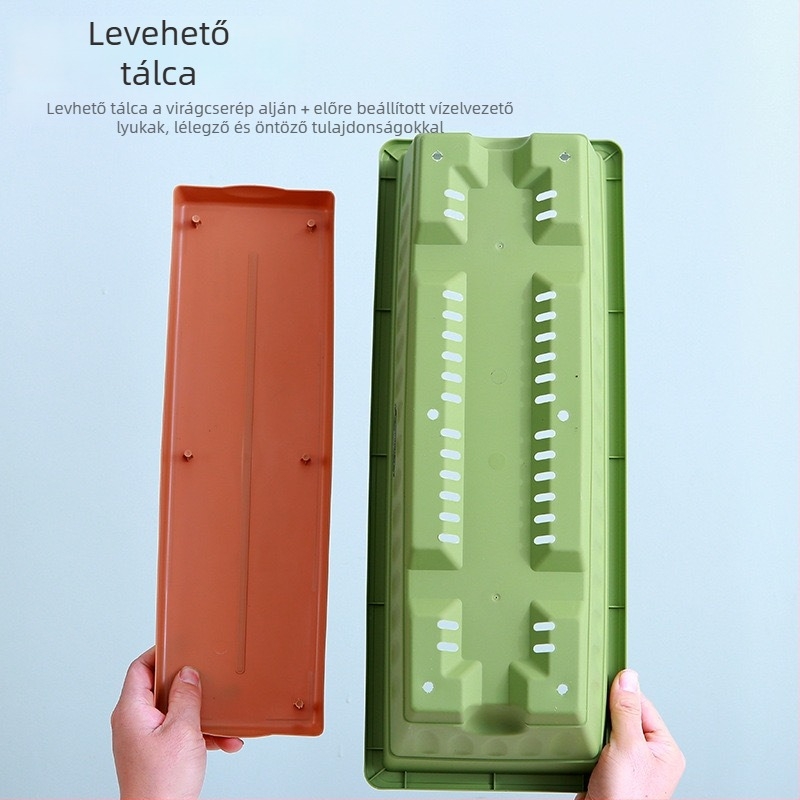 Műanyag téglalap alakú balkon virágtartó zöldségtermesztéshez — lélegző, korrózióálló, asztali vagy padlón álló használat, alkalmas irodára, otthoni kertészkedésre és balkonkert számára