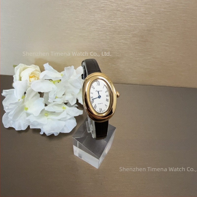 Timena Női quartz karóra, ovális számlap 22 mm, 30 m vízállóság, fém tok, valódi bőr szíj