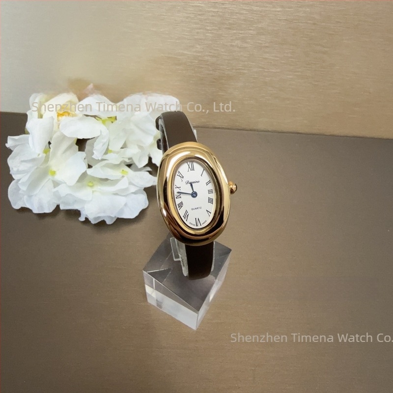 Timena Női quartz karóra, ovális számlap 22 mm, 30 m vízállóság, fém tok, valódi bőr szíj