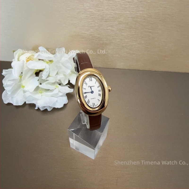 Timena Női quartz karóra, ovális számlap 22 mm, 30 m vízállóság, fém tok, valódi bőr szíj