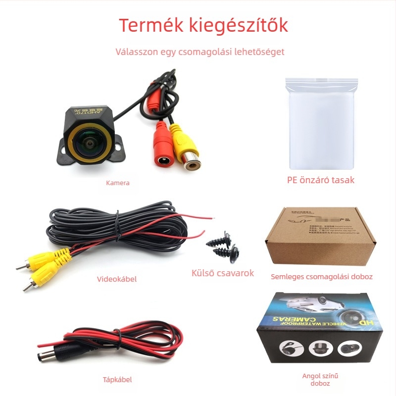 Autóhátrameneti kamera 170°-os széles látószöggel, AHD videójel, 720P felbontás, 12V tápegység, tükrözött kép