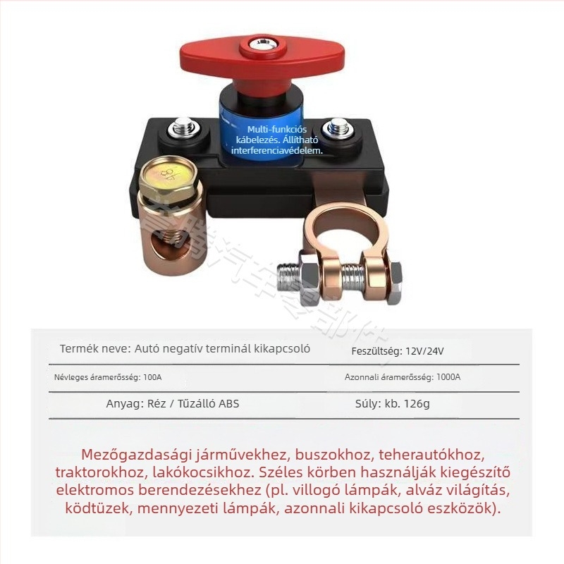 Akkumulátor-lekapcsoló autókhoz, réz házzal, 12/24V, szivárgás elleni védelemmel