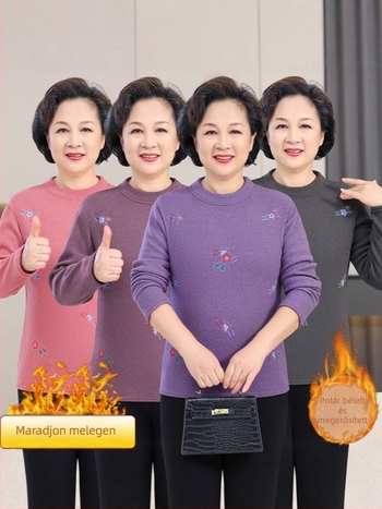 Hosszú ujjú meleg felső fleece béléssel, kerek nyakú, virágmintás, poliészter anyag, ideális ősz-télre