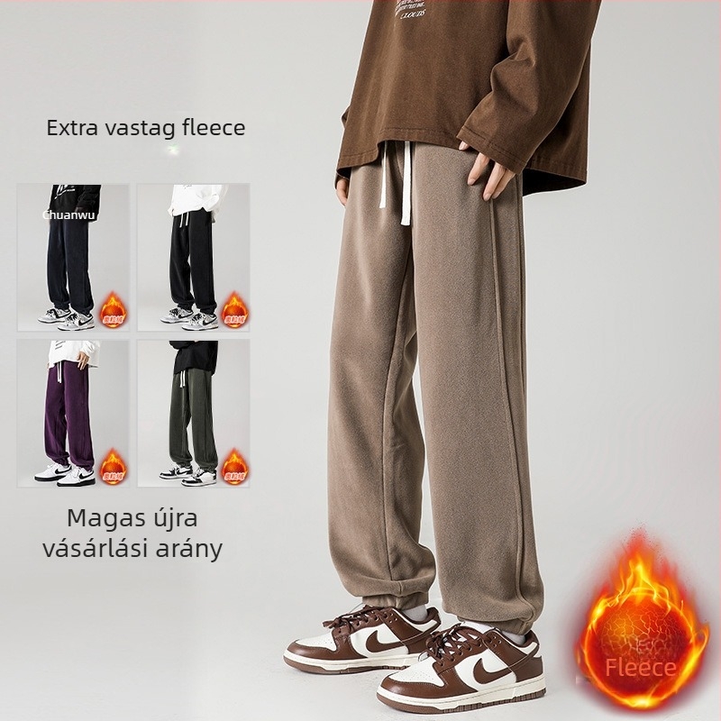 Férfi fleece-béléssel készült sportos nadrág, egyenes szabás, középmagas derék, húzózsinóros derék, téli viselet, poliészter 95% és spandex 5%