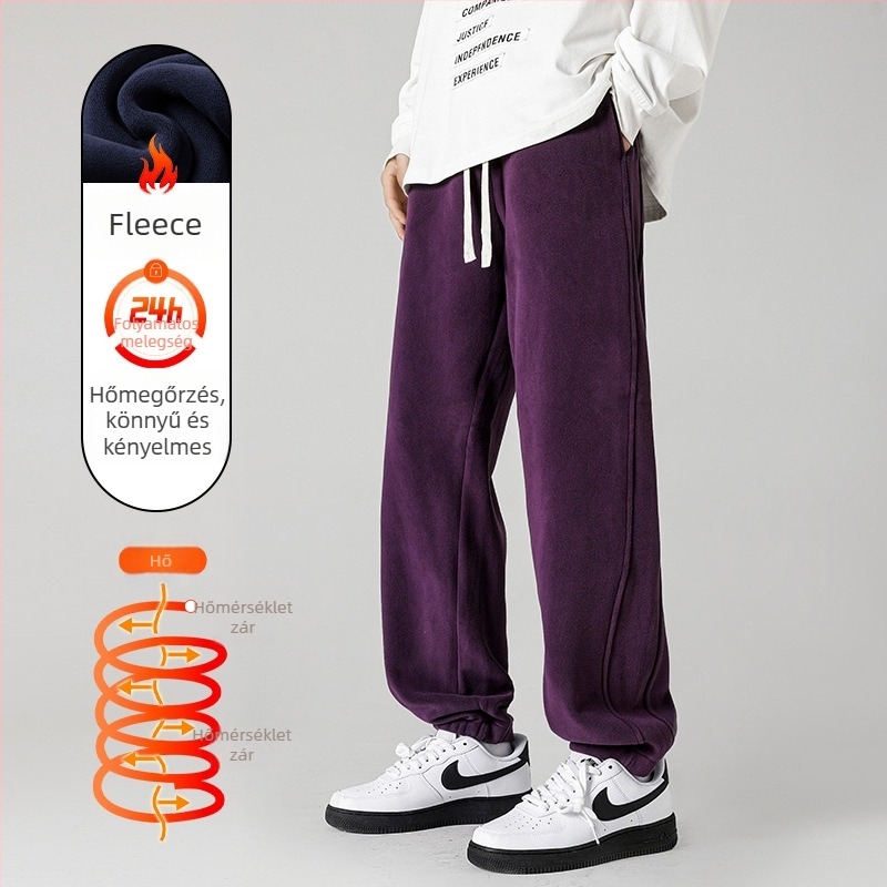 Férfi fleece-béléssel készült sportos nadrág, egyenes szabás, középmagas derék, húzózsinóros derék, téli viselet, poliészter 95% és spandex 5%