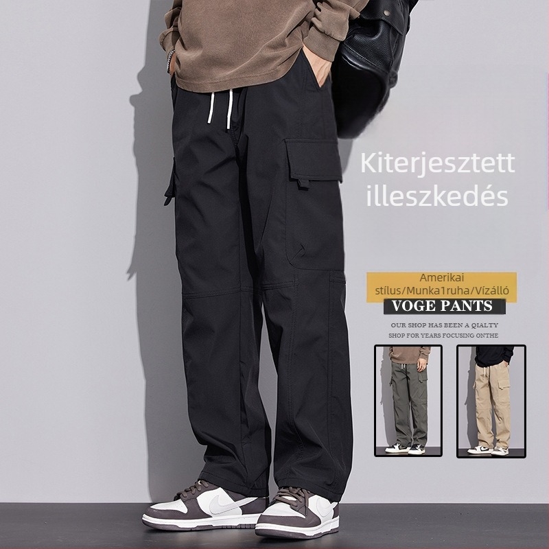 Férfi cargo nadrág, laza szabású, egyenes szárú, téli, vízálló és szélálló, poliészter anyagú, középmagas derekú.