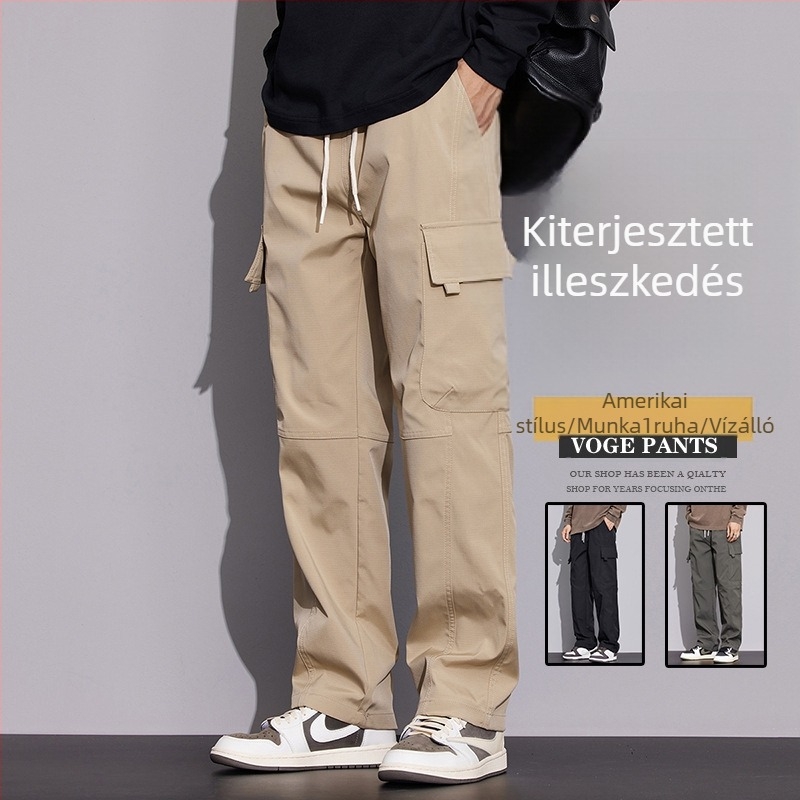 Férfi cargo nadrág, laza szabású, egyenes szárú, téli, vízálló és szélálló, poliészter anyagú, középmagas derekú.