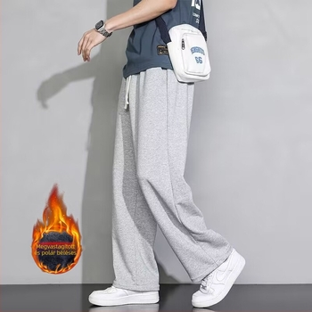Férfi japán stílusú egyszínű fleece-vel bélelt téli sportnadrág, laza szabású, egyenes szárú