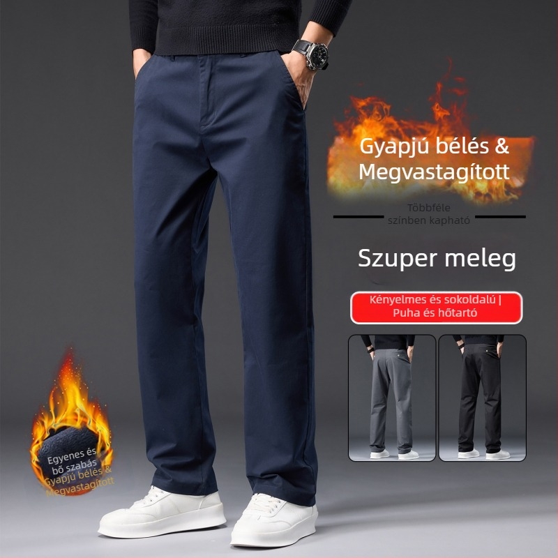Férfi pamutnadrág fleece-béléssel, egyenes szabás, magas derék, őszi-téli viselet