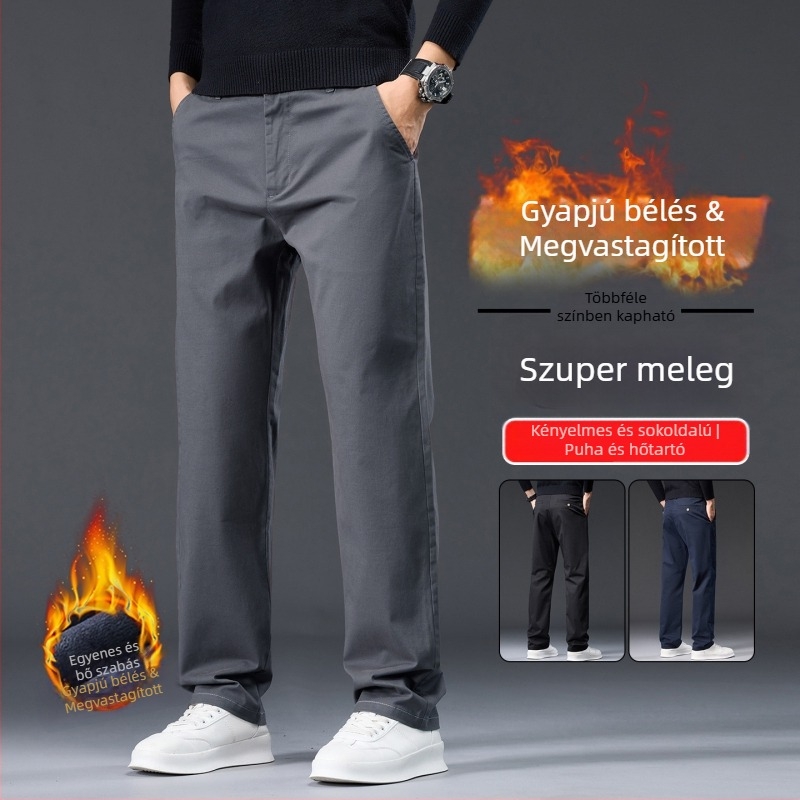 Férfi pamutnadrág fleece-béléssel, egyenes szabás, magas derék, őszi-téli viselet