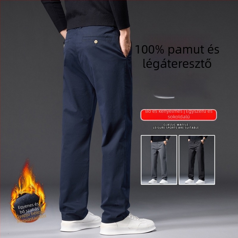 Férfi pamutnadrág fleece-béléssel, egyenes szabás, magas derék, őszi-téli viselet