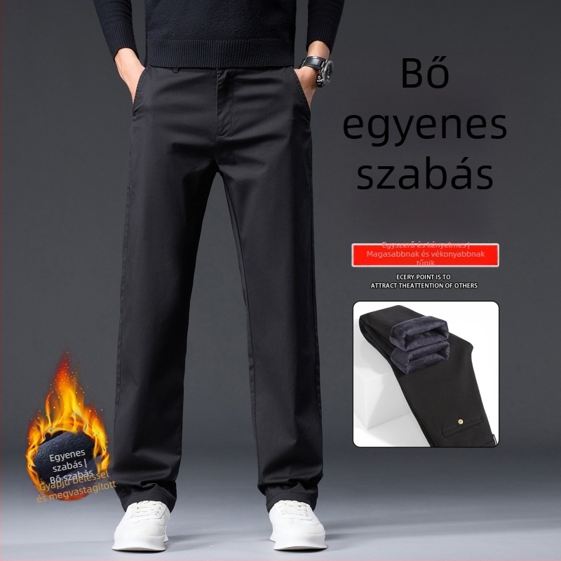 Férfi pamutnadrág fleece-béléssel, egyenes szabás, magas derék, őszi-téli viselet