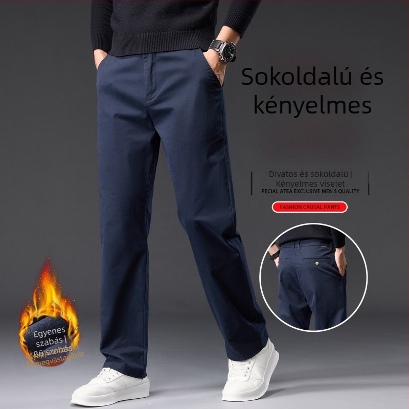 Férfi pamutnadrág fleece-béléssel, egyenes szabás, magas derék, őszi-téli viselet