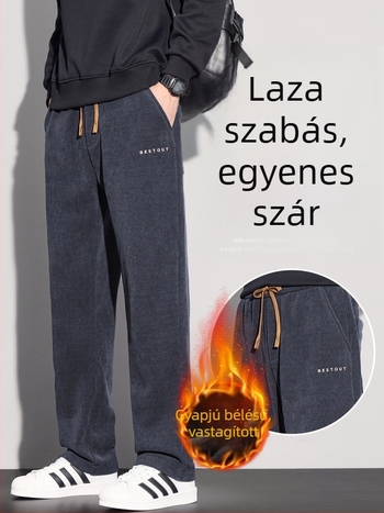 Férfi fleecével bélelt corduroy casual nadrág – egyenes szabás, laza fazon, téli