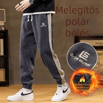 Corduroy melegített casual nadrág patchwork kontrasztos díszítéssel, egyenes szabású, középső derék, kötős zár