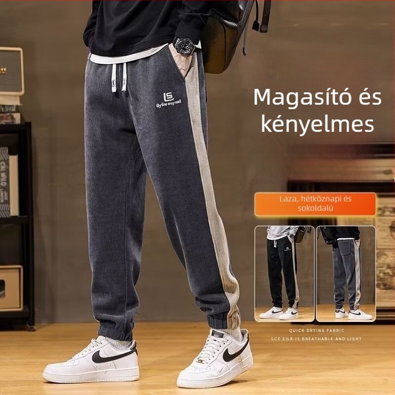 Corduroy melegített casual nadrág patchwork kontrasztos díszítéssel, egyenes szabású, középső derék, kötős zár