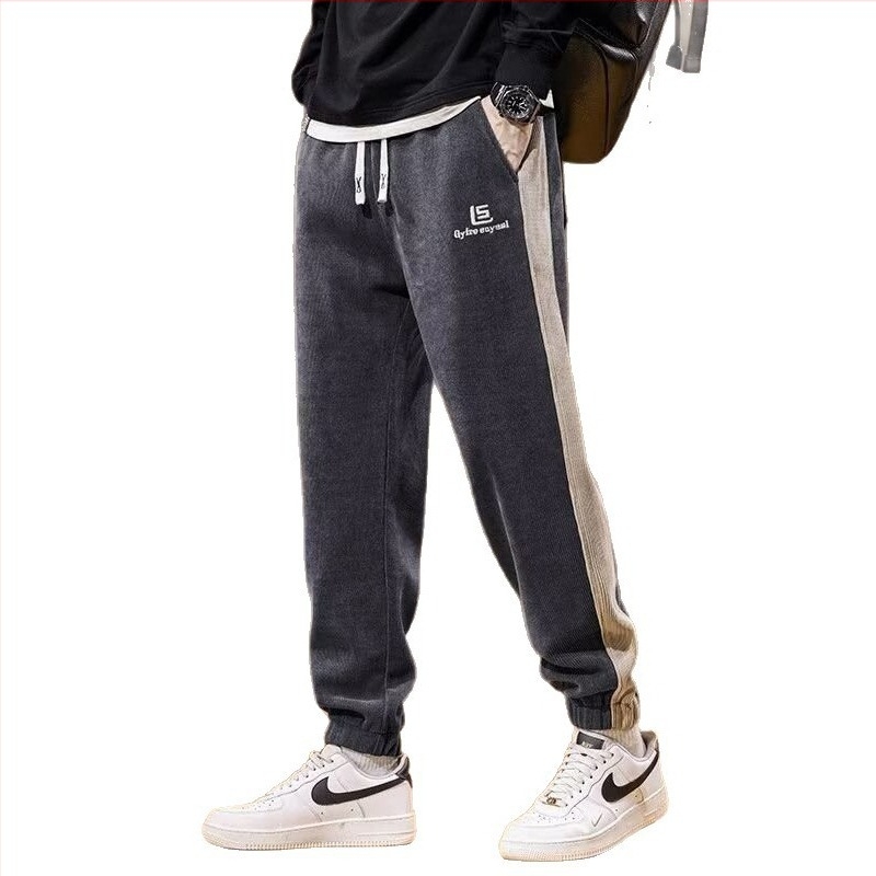 Corduroy melegített casual nadrág patchwork kontrasztos díszítéssel, egyenes szabású, középső derék, kötős zár