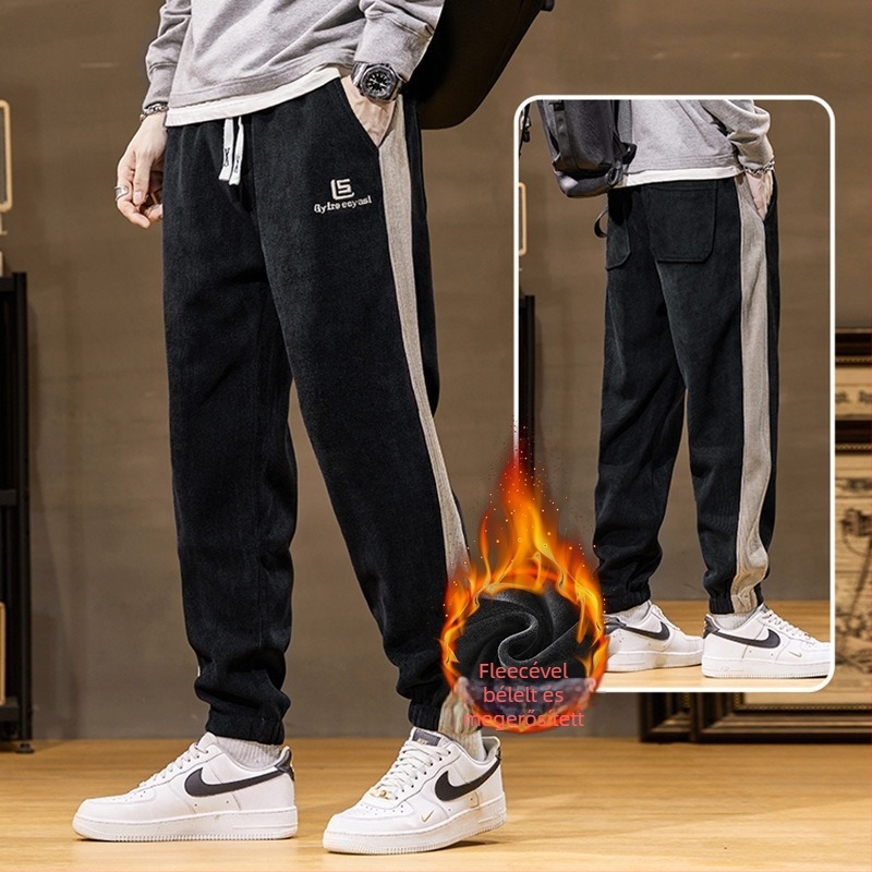 Corduroy melegített casual nadrág patchwork kontrasztos díszítéssel, egyenes szabású, középső derék, kötős zár